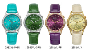 BERNY Women's Quartz Watch – Engraved Dial Diamond Gold Case Leather Strap