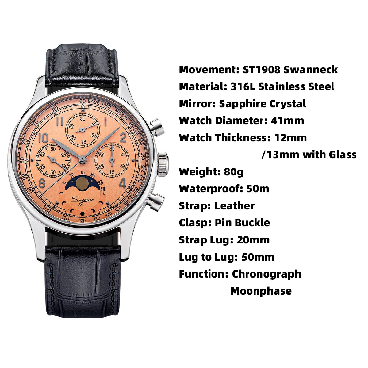 Sugess Men’s Chronograph Watch – ST1908 Mechanical, Moonphase, Swan Neck, Sapphire Crystal