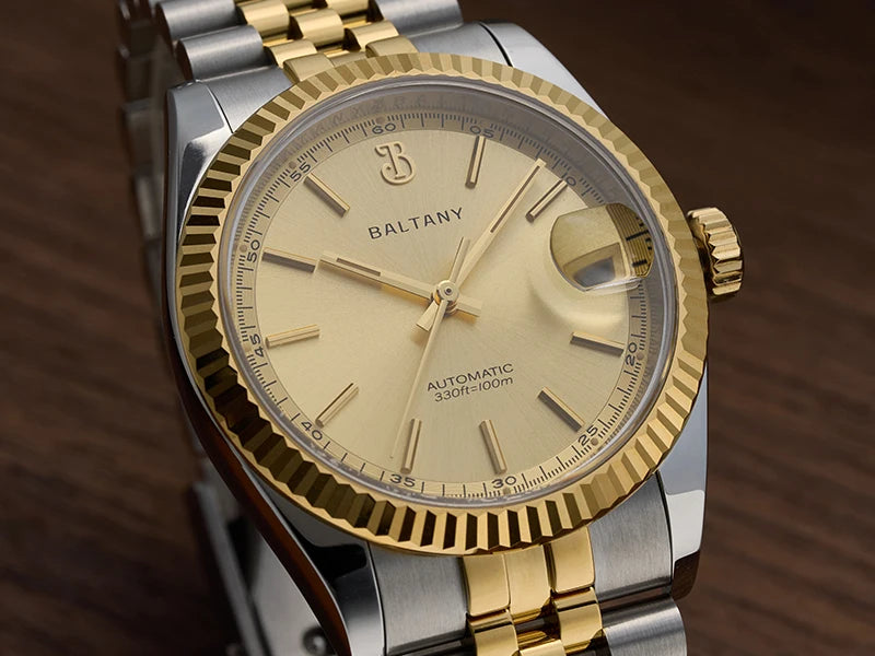 Baltany S4084 Men’s Automatic Dress Watch 36mm – Gold Tone, NH35 Movement, Stainless Steel Bracelet, Water Resistant