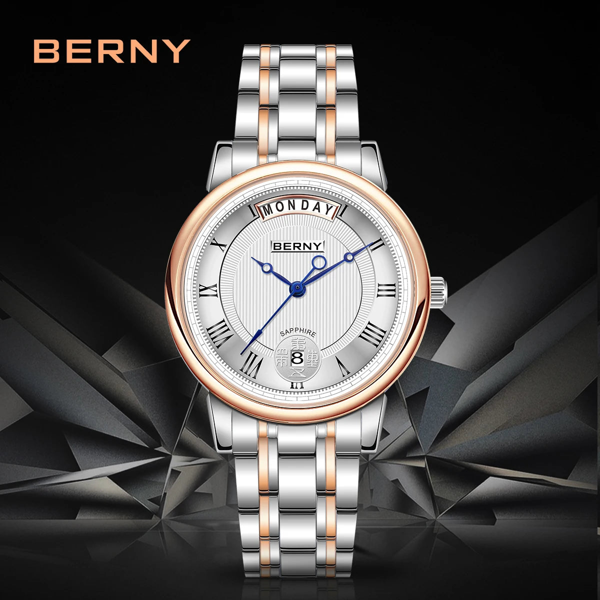 BERNY Women’s Quartz Watch – Roman Numerals, Day & Date, Sapphire Glass, Stainless Steel Strap