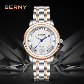 BERNY Women’s Quartz Watch – Roman Numerals, Day & Date, Sapphire Glass, Stainless Steel Strap