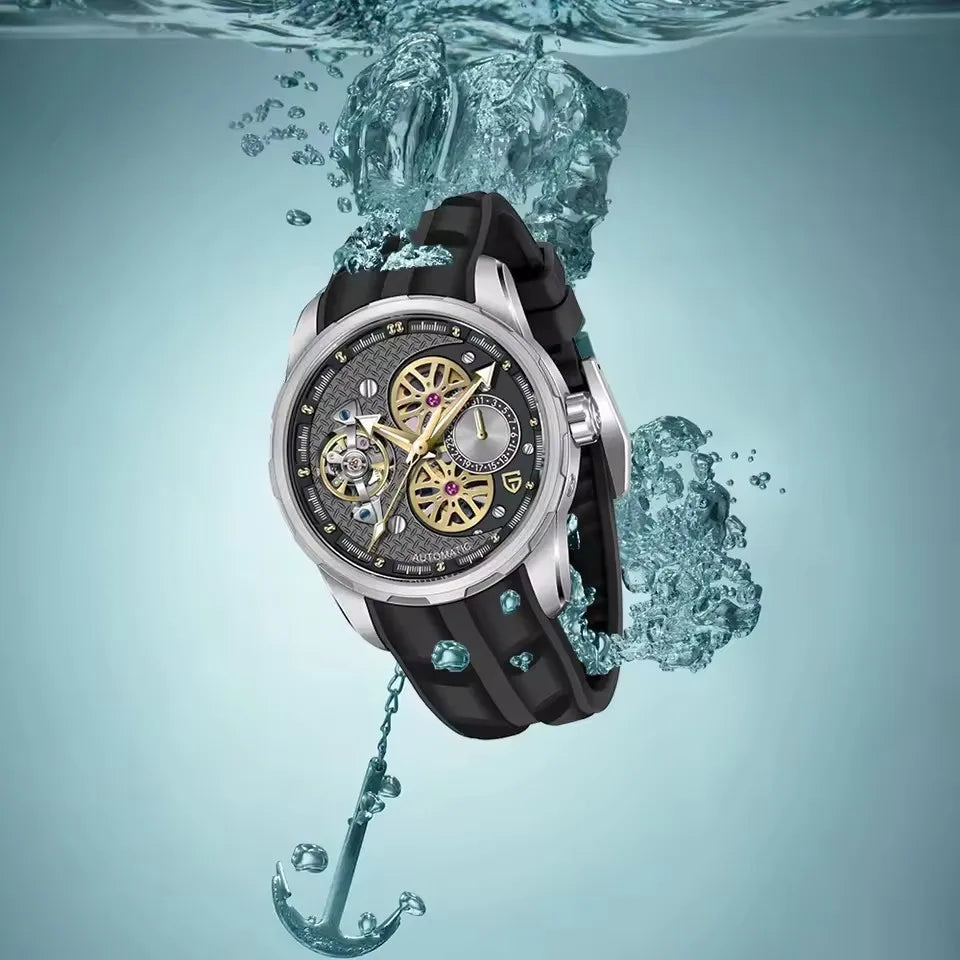 PAGANI DESIGN Men’s Automatic Skeleton Watch – Sapphire Crystal, 100m Water Resistant, Tourbillon Style