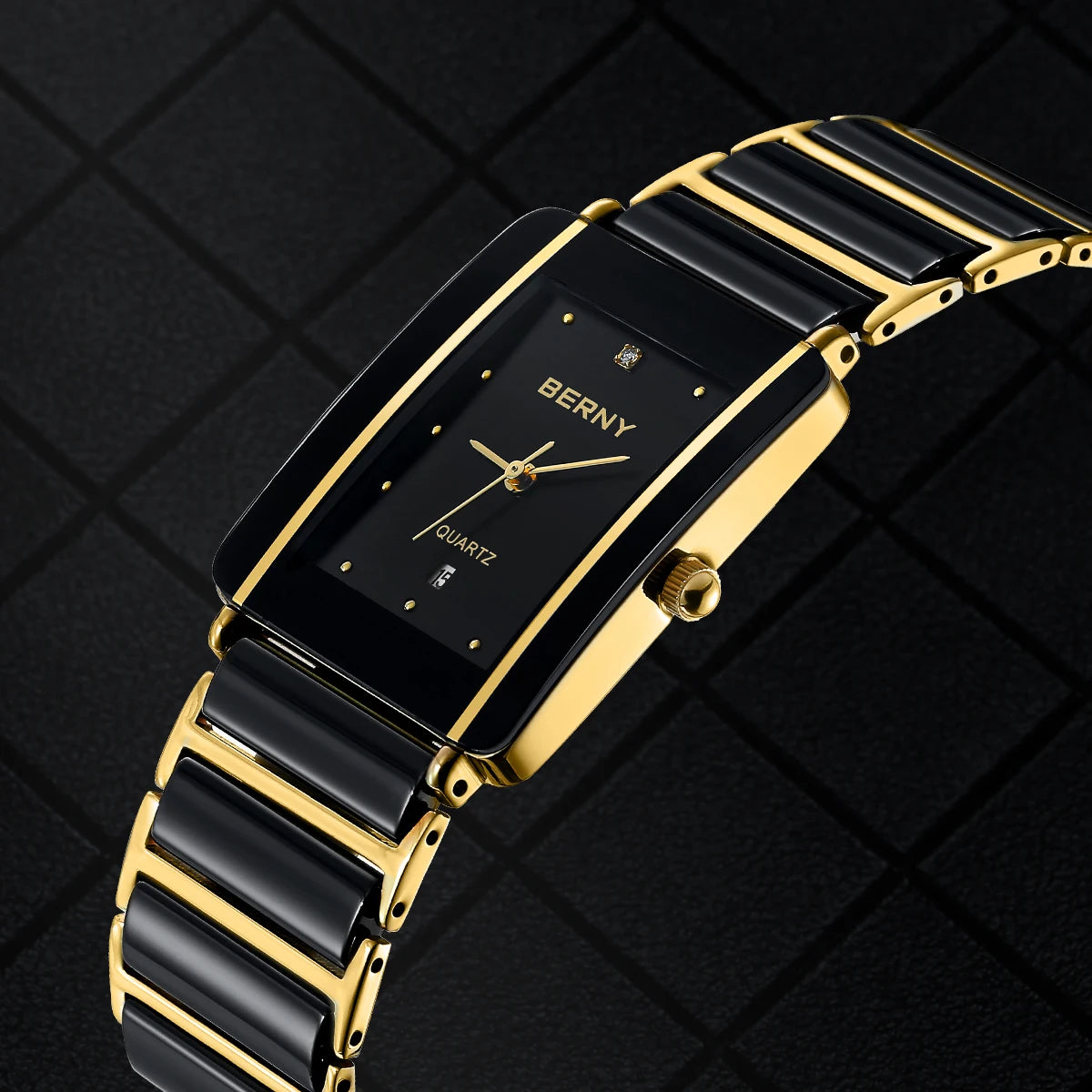 BERNY XV12 Men's Quartz Watch – Ceramic Rectangle Black Gold Diamond Waterproof