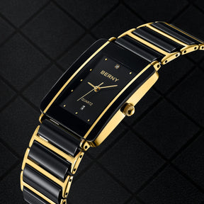 BERNY XV12 Men's Quartz Watch – Ceramic Rectangle Black Gold Diamond Waterproof