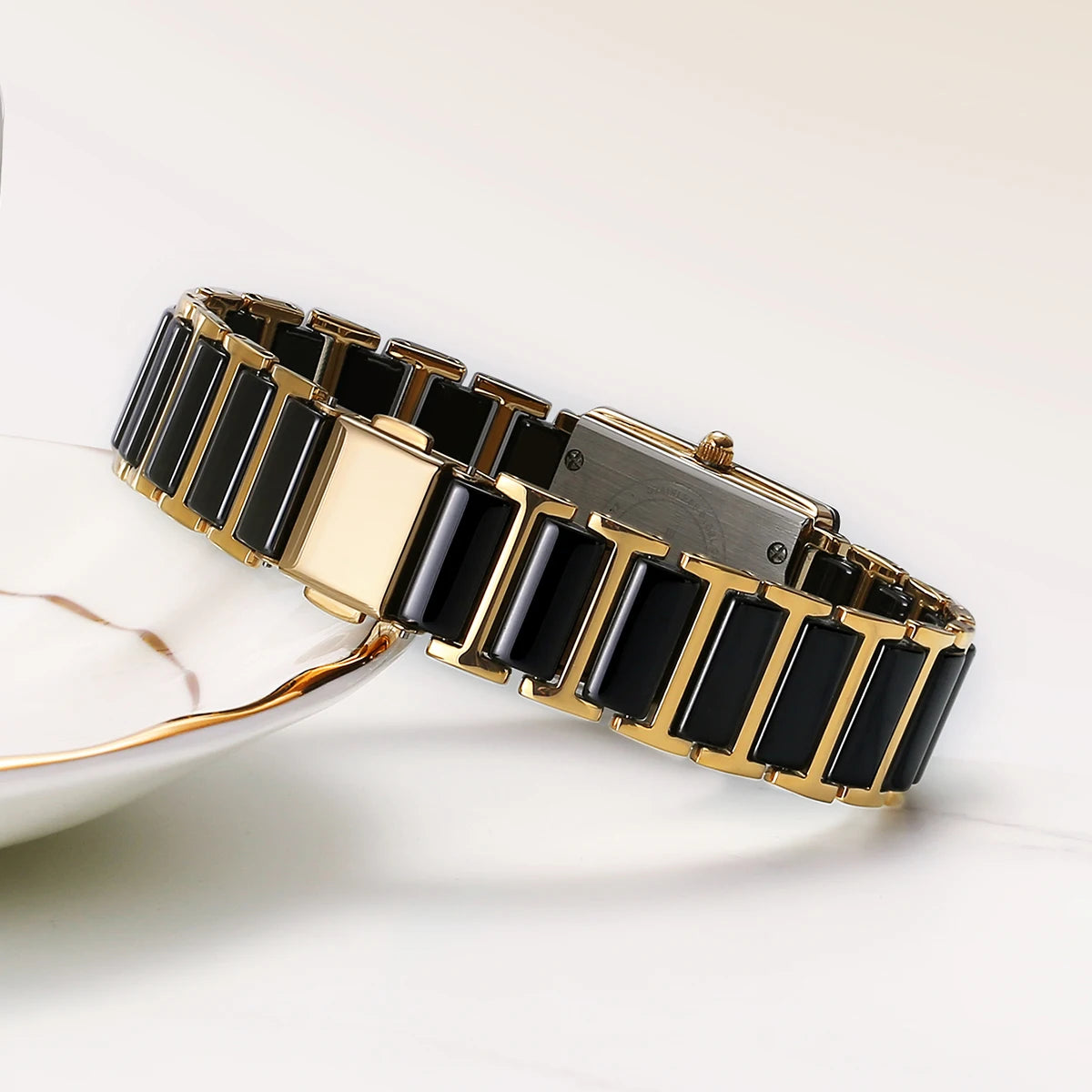 BERNY Ceramic Quartz Watch – Luxury Rectangle Gold Couple Wristwatch with Diamond Bracelet Design