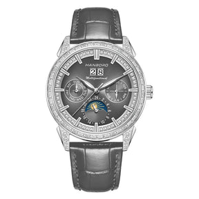 Hanboro 41.5mm Mechanical Watch: Automatic Multi-Dial with Day, Month, Date & Crystal Bezel