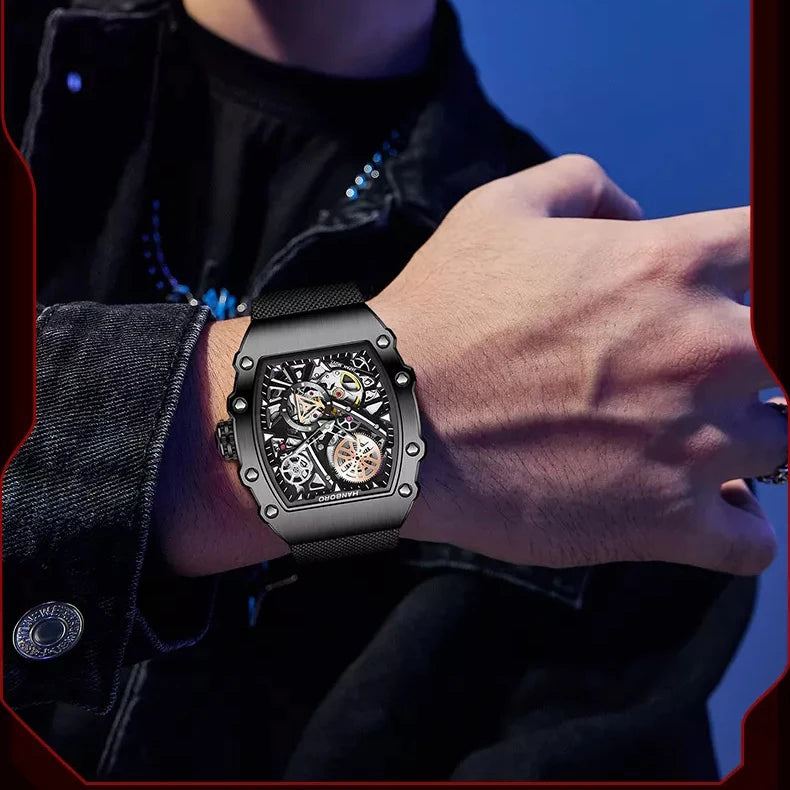 HANBORO Men’s Automatic Watch – 40.5mm Tonneau Skeleton Dial Mechanical Waterproof Wristwatch