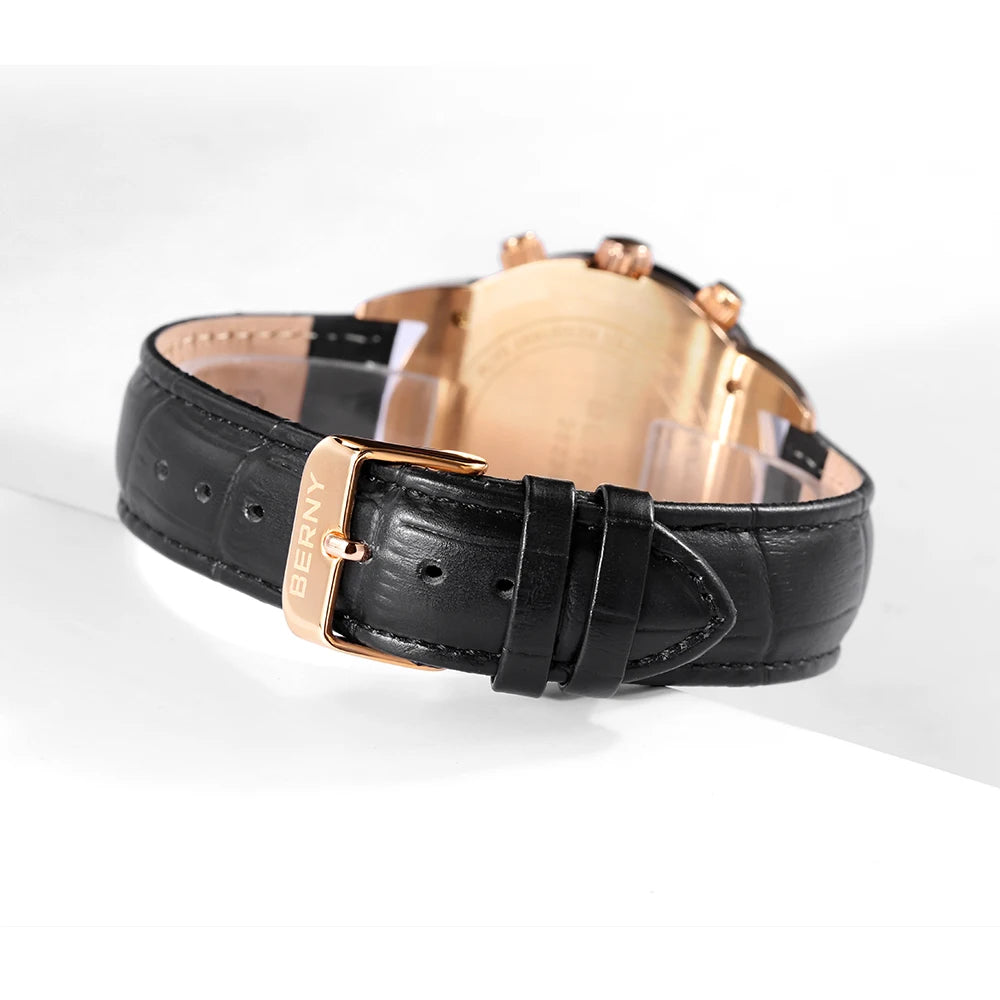 BERNY Men's Quartz Watch – Multifunction Dial Business Leather Strap Luminous Waterproof