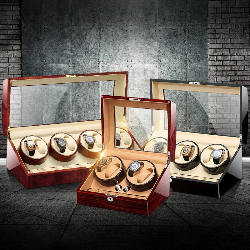 Wooden Watch Storage Box 6 Slots Automatic Winding Battery Mechanical Watches Winder Case Leather