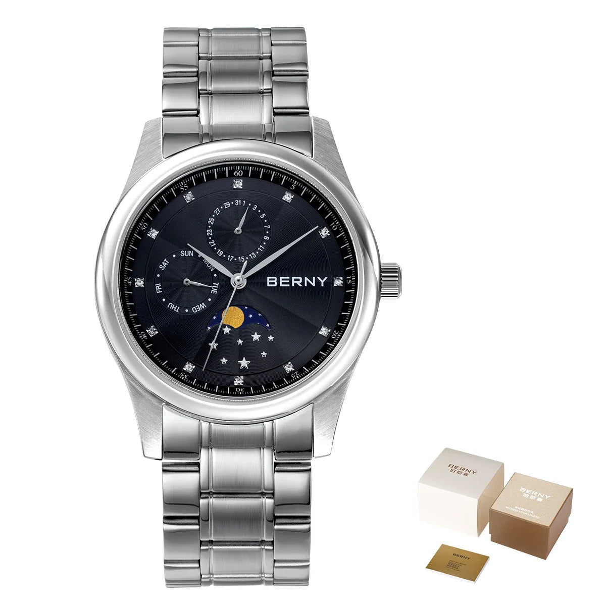 BERNY Men's Moon Phase Quartz Watch – Stainless Steel & Leather Dress Watch with Date & Week Display