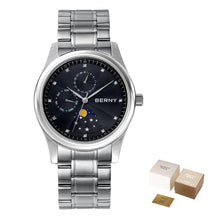 BERNY Men's Moon Phase Quartz Watch – Stainless Steel & Leather Dress Watch with Date & Week Display