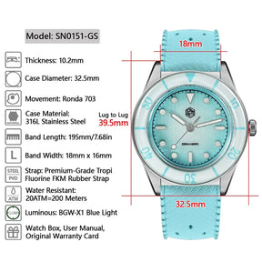 San Martin SN0151 Women’s Luxury Quartz Watch – Ronda 703, 200M Waterproof