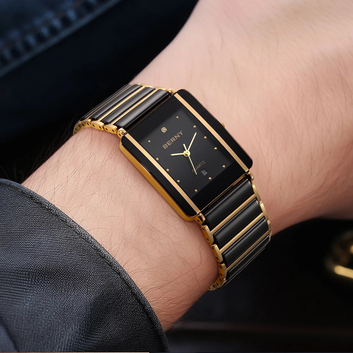 BERNY XV12 Men's Quartz Watch – Ceramic Rectangle Black Gold Diamond Waterproof