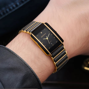 BERNY XV12 Men's Quartz Watch – Ceramic Rectangle Black Gold Diamond Waterproof