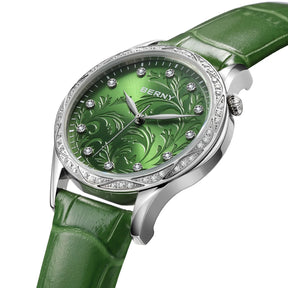 BERNY Women's Quartz Watch – Engraved Dial Diamond Gold Case Leather Strap