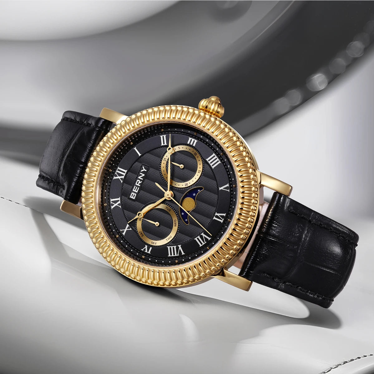 BERNY Men's Moon Phase Quartz Watch 40mm – Calendar Dress Watch Leather Strap