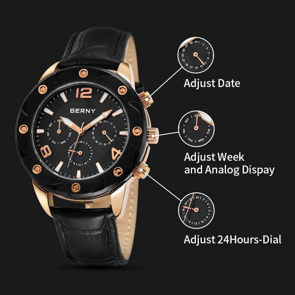 BERNY Men's Quartz Watch – Multifunction Dial Business Leather Strap Luminous Waterproof