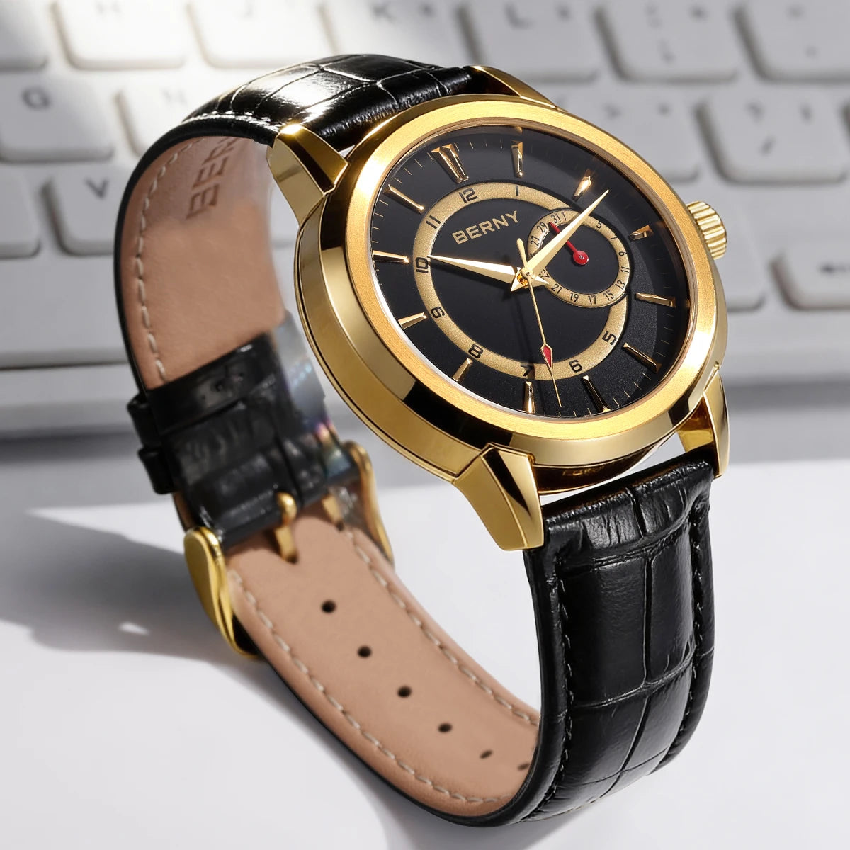 BERNY Men's Luxury Quartz Watch – Elegant Stainless Steel Dress & Business Wristwatch with Date Calendar