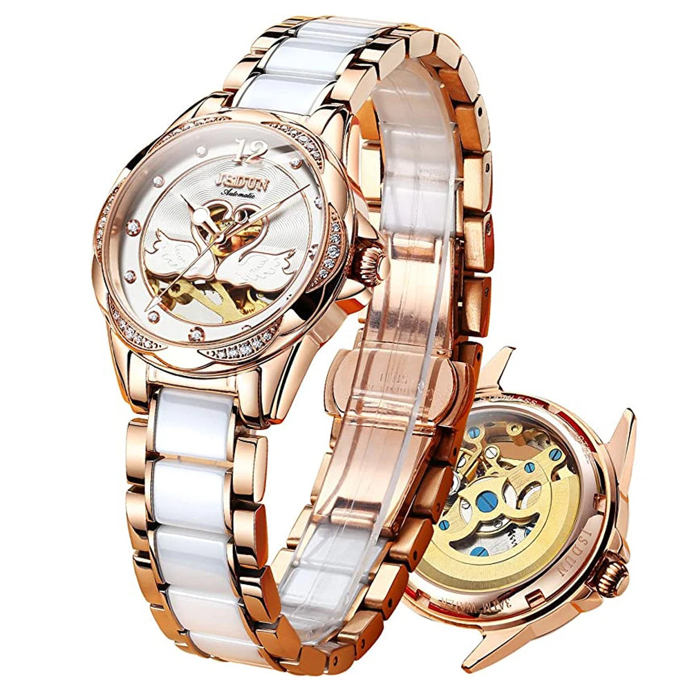 Luxury Women’s Skeleton Watch – Swan Design, Ceramic Strap, Waterproof