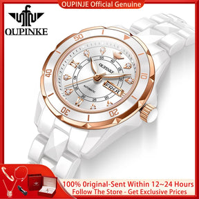 OUPINKE 3301 Women's Automatic Watch – Week Date Ceramic Strap Elegant