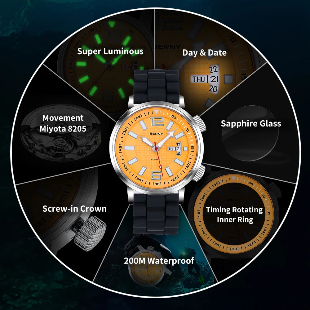 BERNY Men's Automatic Diver Watch – 20ATM Waterproof, Miyota 8205, Sapphire
