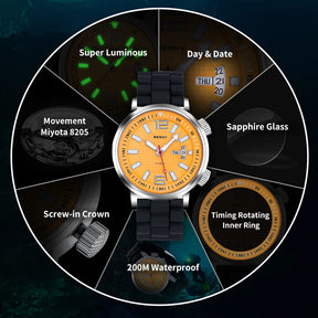 BERNY Men's Automatic Diver Watch – 20ATM Waterproof, Miyota 8205, Sapphire