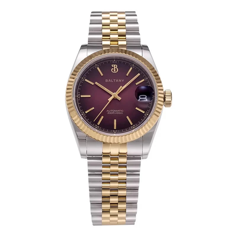 Baltany S4084 Men’s Automatic Dress Watch 36mm – Gold Tone, Fluted Bezel, NH35, Luminous, Date