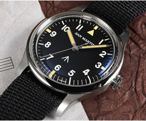 San Martin 36mm Pilot Men’s Watch – VH31 Mechaquartz Sweep Second Quartz Watch with Luminous Dial & Nylon Strap
