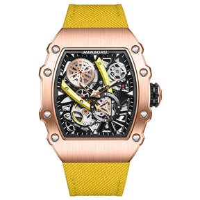 HANBORO Men’s Automatic Watch – 40.5mm Tonneau Skeleton Dial Mechanical Waterproof Wristwatch