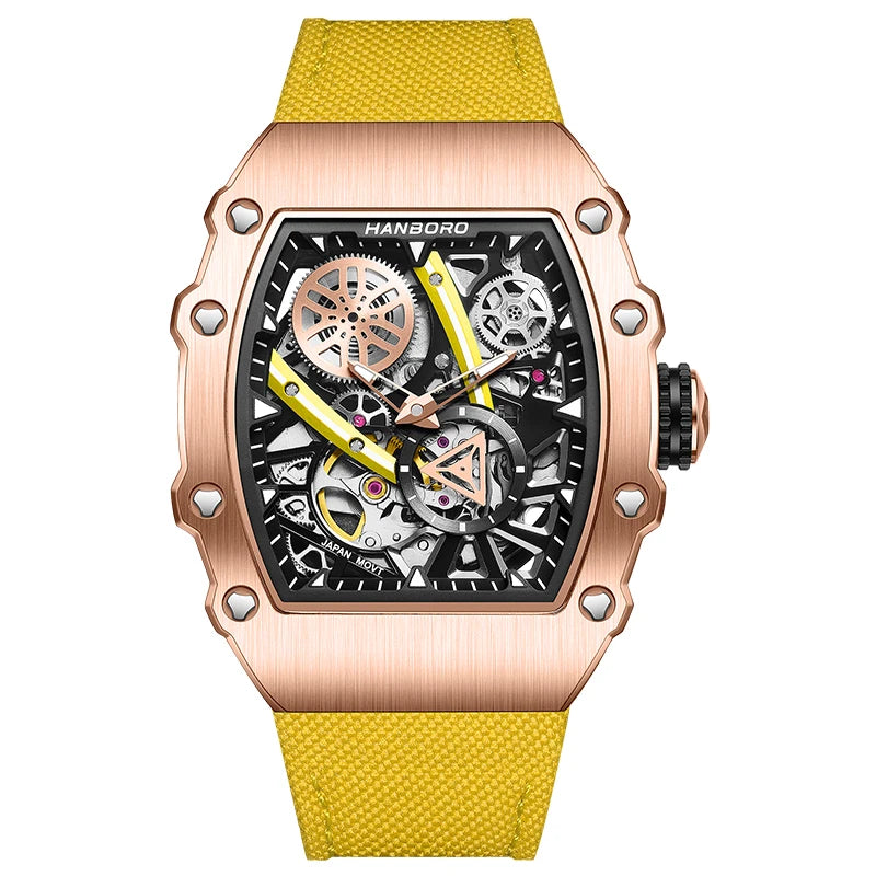 HANBORO Men’s Automatic Watch – 40.5mm Tonneau Skeleton Dial Mechanical Waterproof Wristwatch