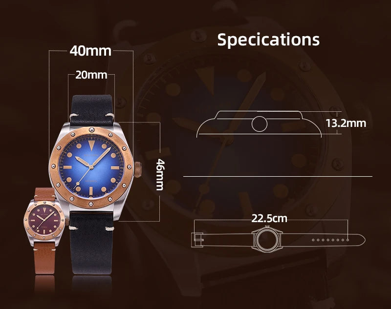 Baltany B4030 Bronze Automatic Watch – NH38 Luminous 20ATM Water Resistant