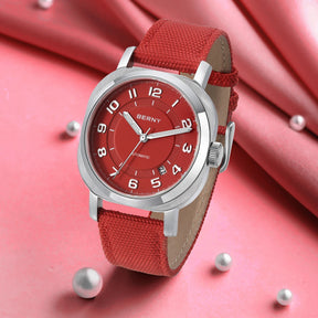 BERNY Women's Automatic Cushion Watch – Sapphire Luminous Canvas Strap Calendar