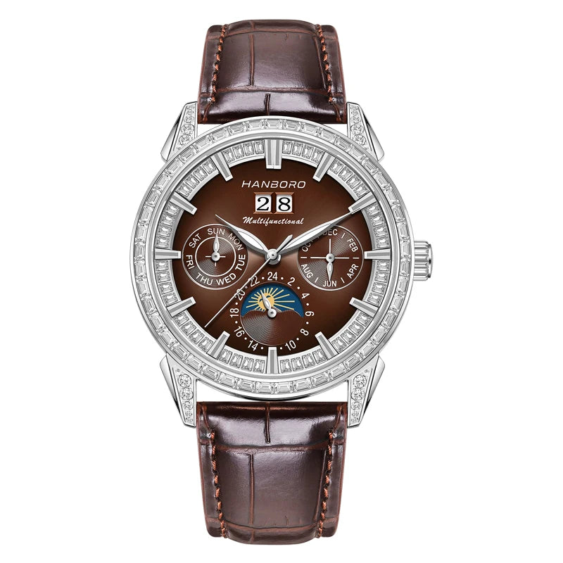 Hanboro 41.5mm Mechanical Watch: Automatic Multi-Dial with Day, Month, Date & Crystal Bezel