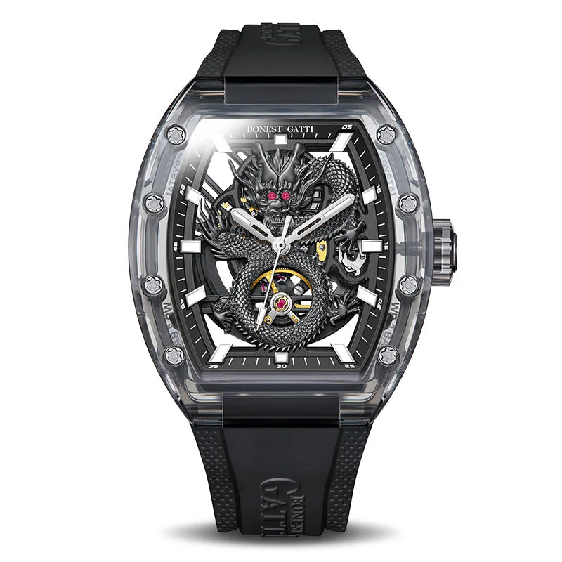 BONEST GATTI Men’s Automatic Skeleton Watch – Dragon Pattern, Crystal Case, Luxury Mechanical