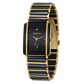 BERNY XV12 Men's Quartz Watch – Ceramic Rectangle Black Gold Diamond Waterproof