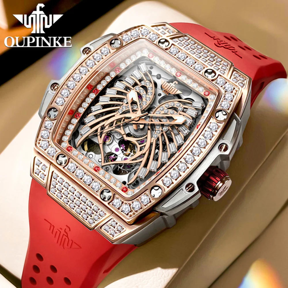 OUPINKE 3225 Women’s Automatic Watch – Diamond Dial, Silicone Strap