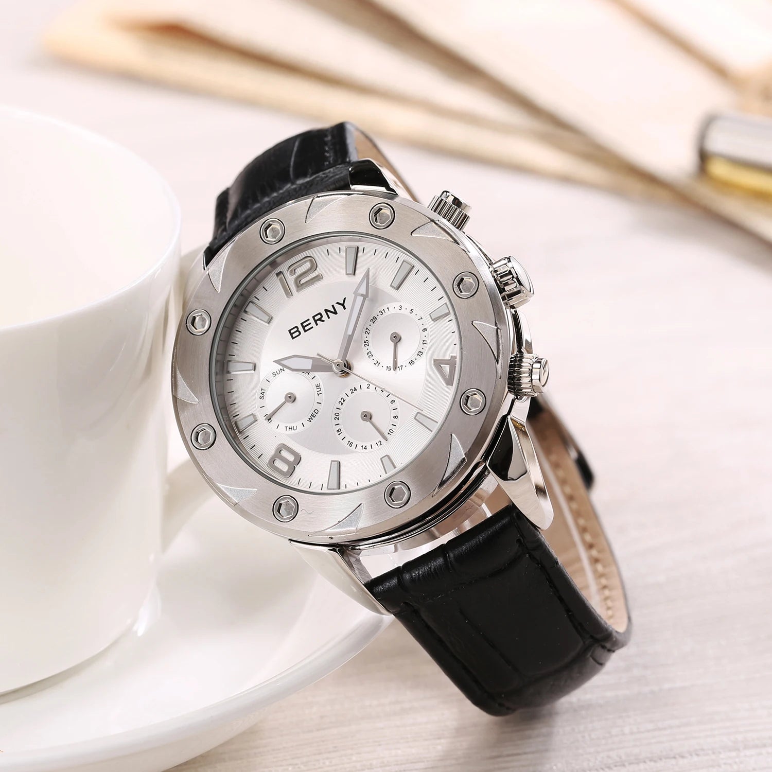 BERNY Men's Quartz Watch – Multifunction Dial Business Leather Strap Luminous Waterproof