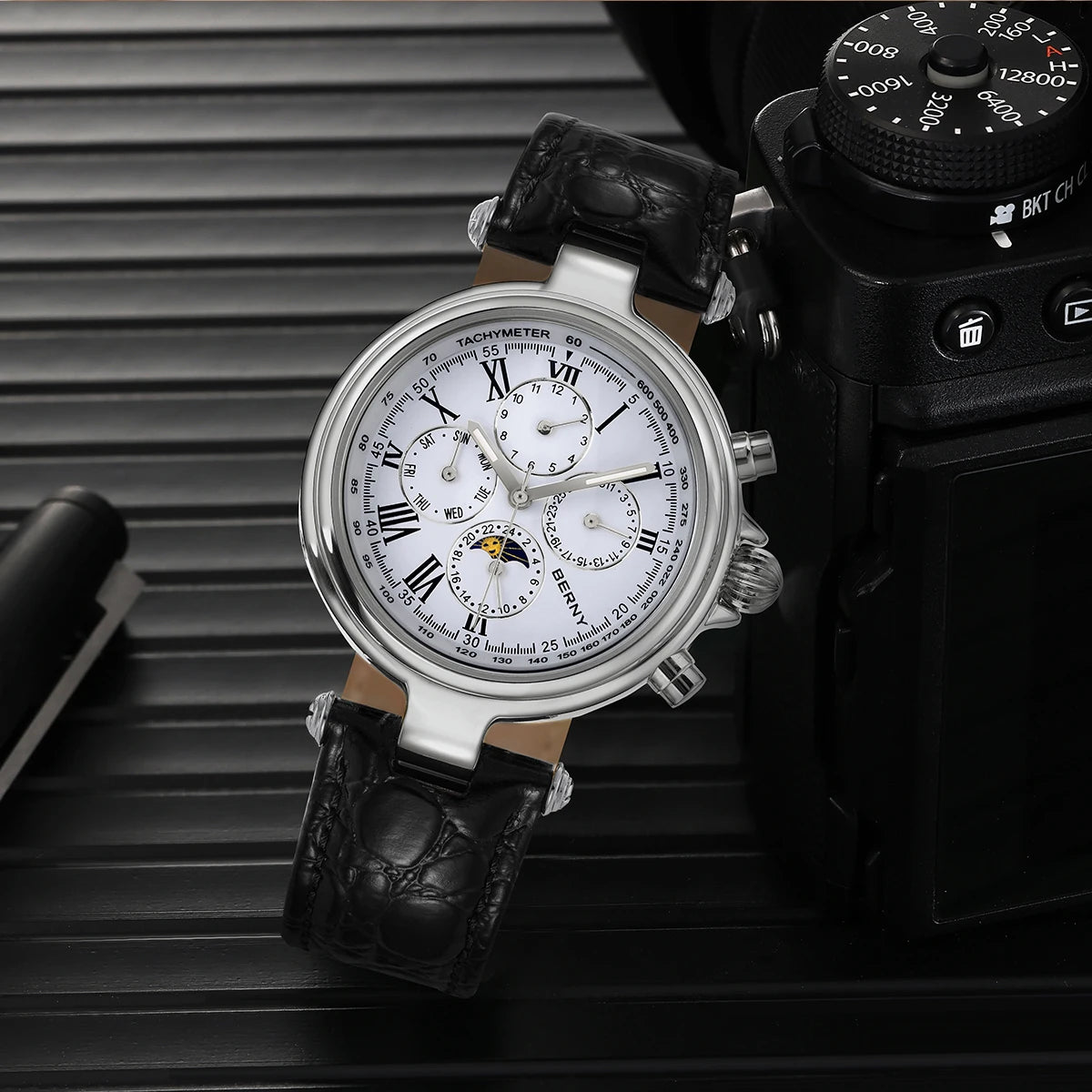BERNY Men’s Automatic Dress Watch – Sun & Moon Phase, Leather Strap