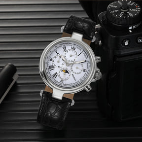 BERNY Men’s Automatic Dress Watch – Sun & Moon Phase, Leather Strap