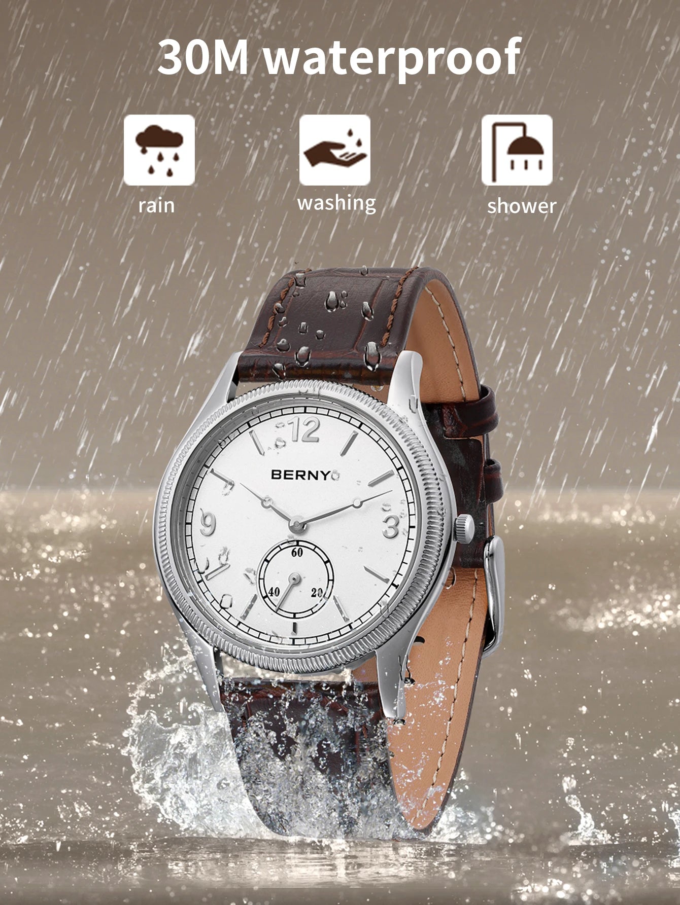 BERNY Men's Quartz Dress Watch 38mm – Slim Elegant Leather Strap Easy Read