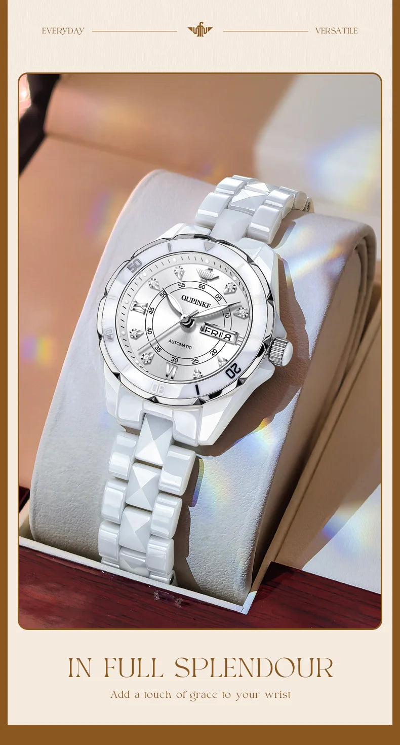 OUPINKE 3301 Women's Automatic Watch – Week Date Ceramic Strap Elegant