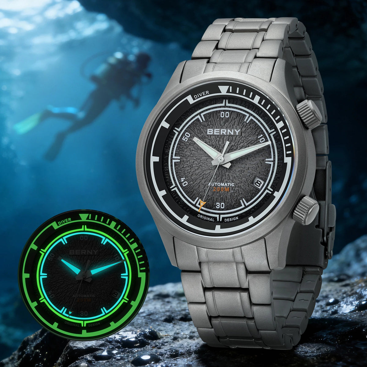 BERNY Men's Automatic Titanium Diver Watch – 20ATM Waterproof Sapphire Luminous