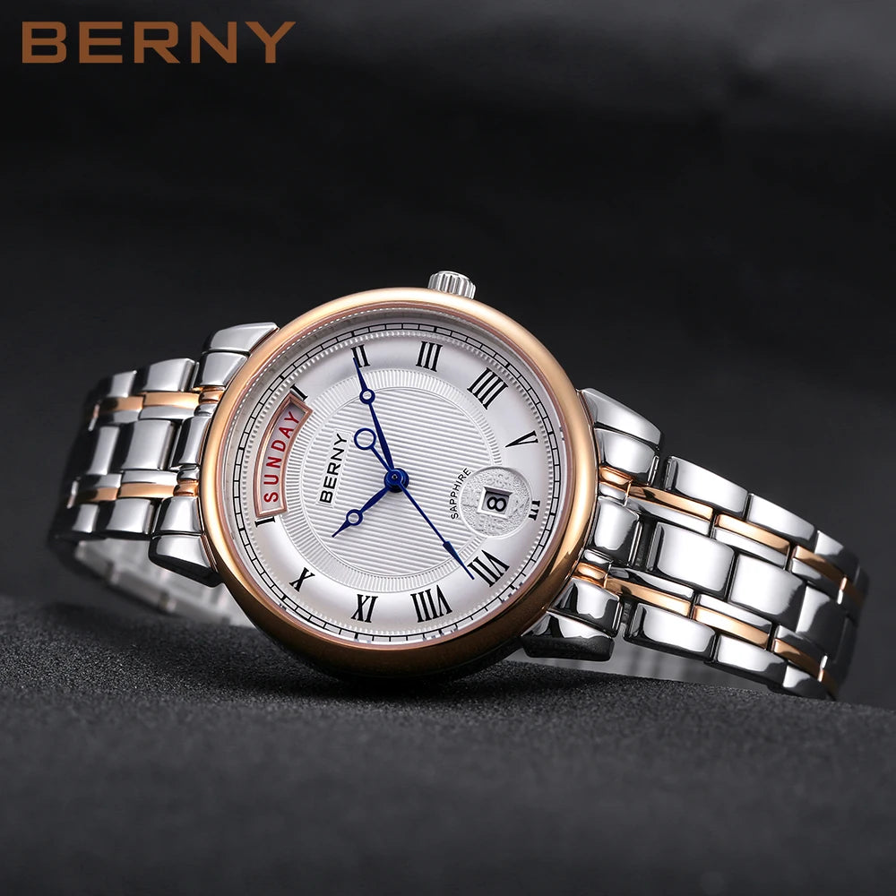 BERNY Women’s Quartz Watch – Roman Numerals, Day & Date, Sapphire Glass, Stainless Steel Strap