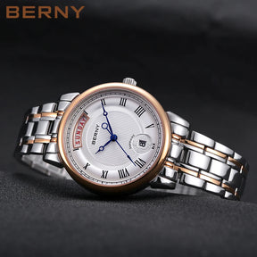 BERNY Women’s Quartz Watch – Roman Numerals, Day & Date, Sapphire Glass, Stainless Steel Strap