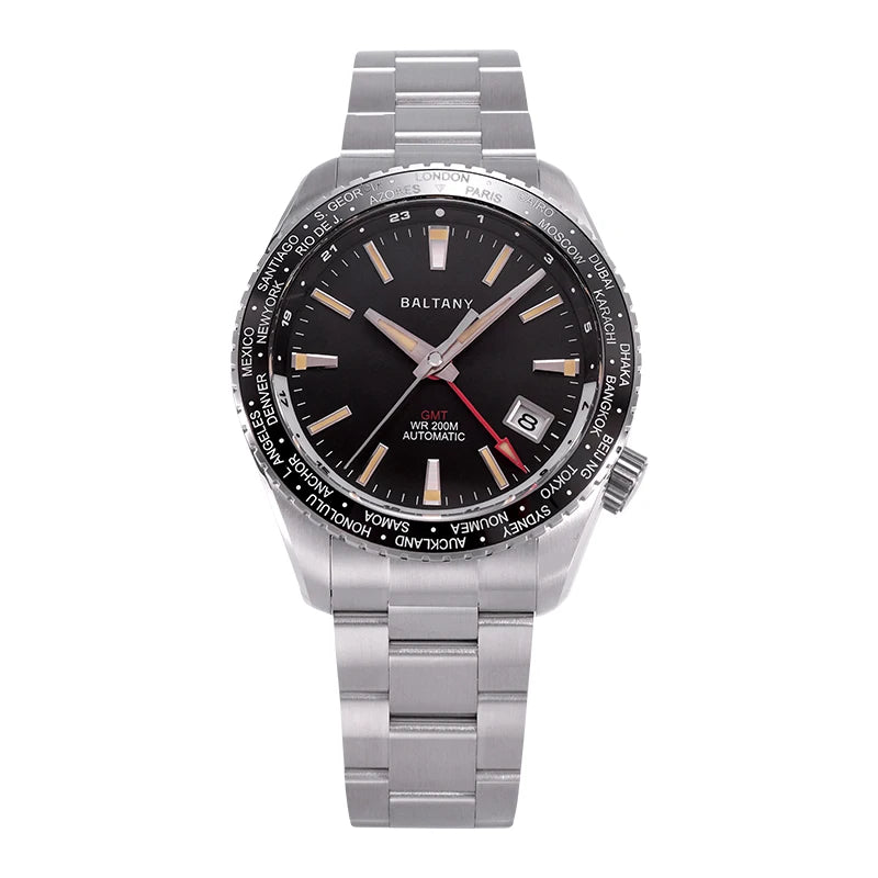 Baltany Men’s GMT Automatic Watch 40mm – NH34, Sapphire Crystal, 200m Dive, Luminous, World Time Bezel