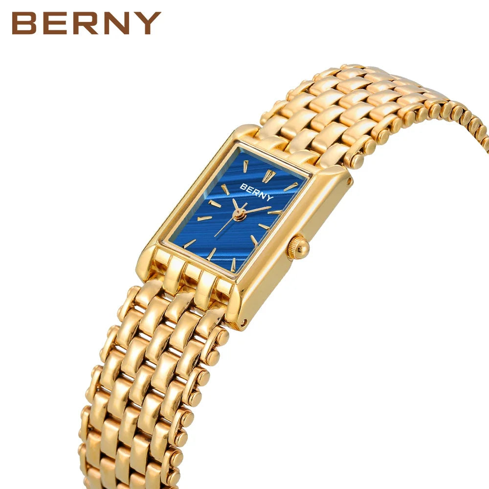 BERNY Women’s Gold Rectangular Watch – Luxury Quartz, Stainless Steel
