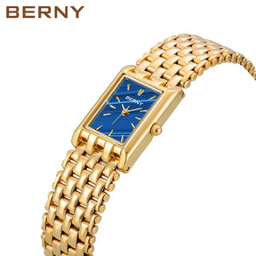 BERNY Women’s Gold Rectangular Watch – Luxury Quartz, Stainless Steel