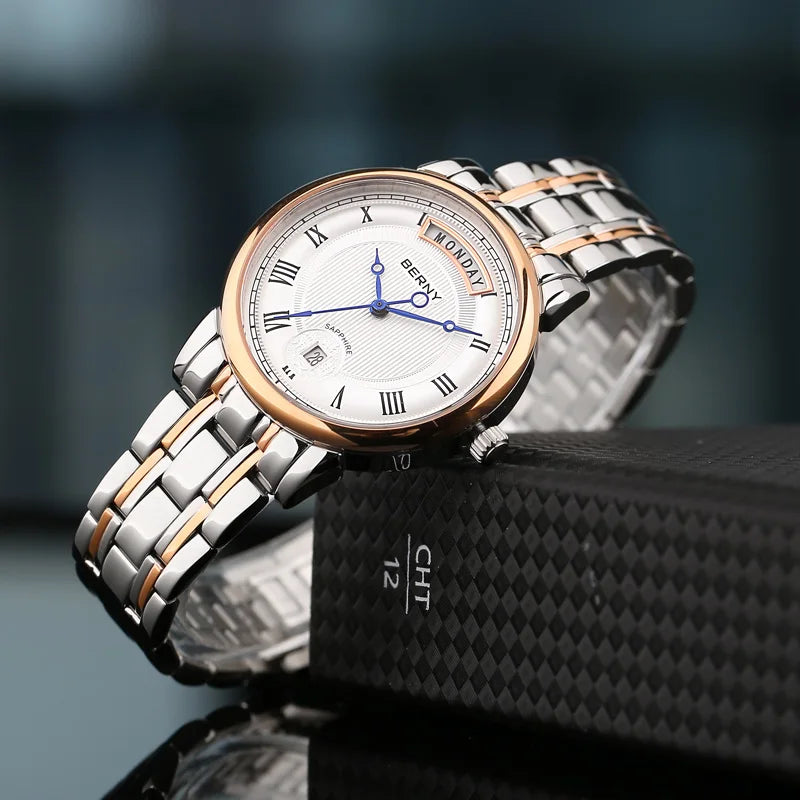 BERNY Women’s Quartz Watch – Roman Numerals, Day & Date, Sapphire Glass, Stainless Steel Strap
