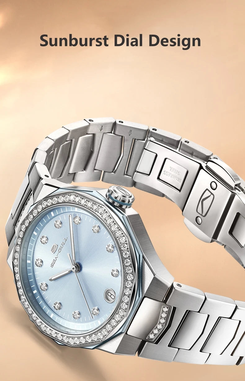 Seagull 1140L Ladies Mechanical Watch: Elegant Stainless Steel Design with Luminous Date