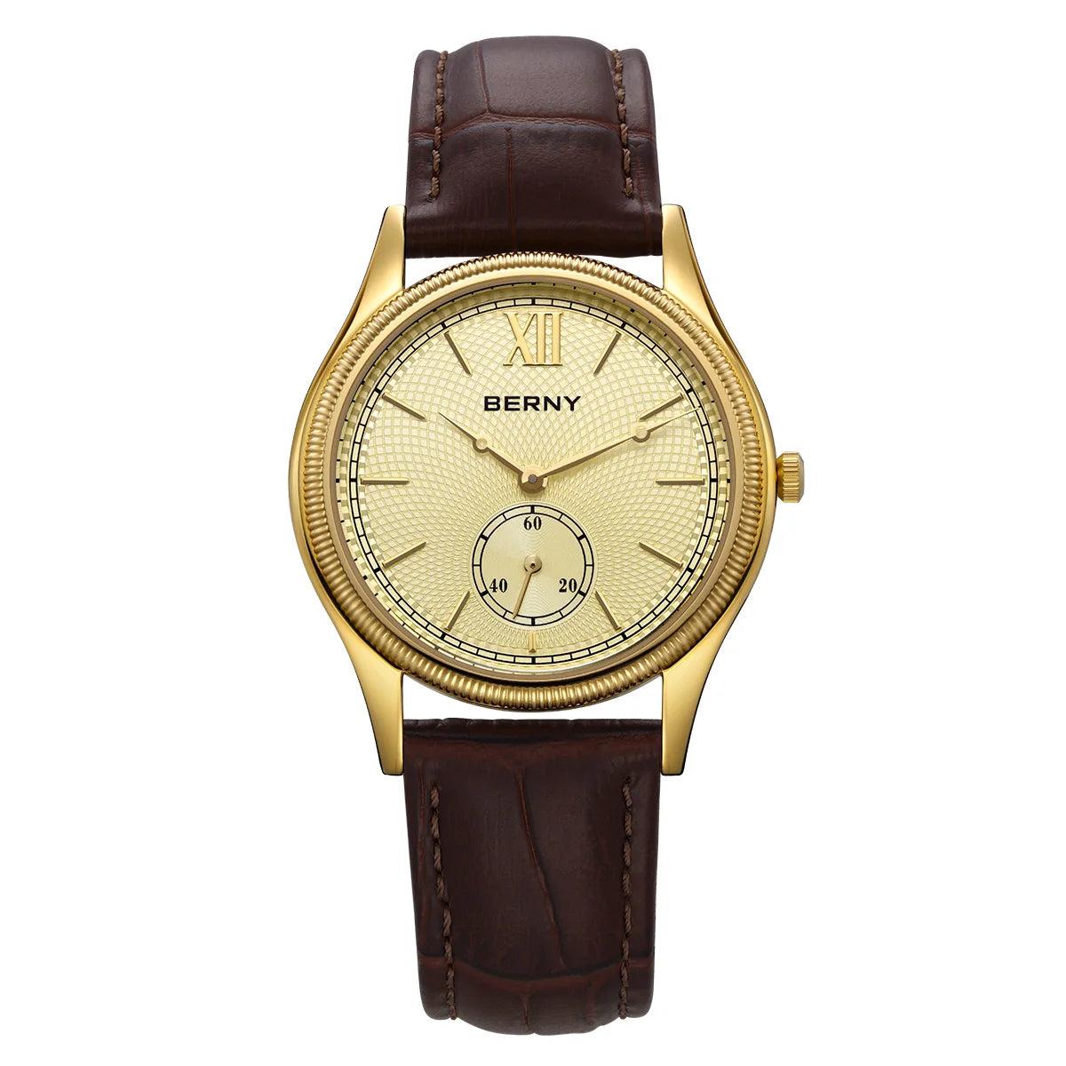 BERNY Luxury Men’s Dress Watch Slim Gold Quartz Classic Leather Strap Business Wristwatch